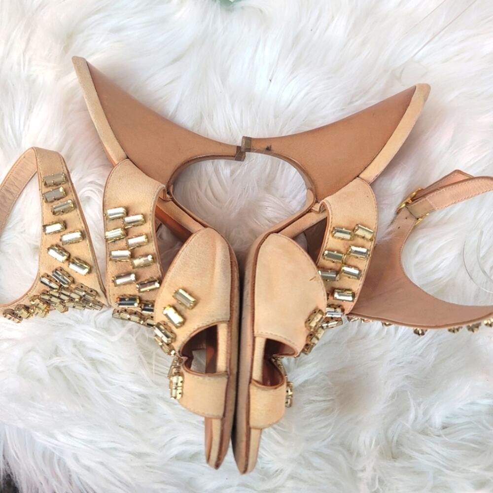 GIUSEPPE ZANOTTI Tan Leather Strappy Sandals w Crystal Embellished Italian 7.5 - Picture 10 of 16